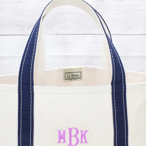 LL Bean Boat & Tote Blue Trim Embroidered MBK Open Top Tote Handbag - Picture 3 of 9
